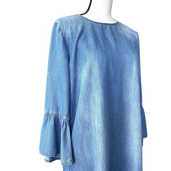 Cloth & Stone Anthropologie Chambray Dress Sz 3/4 Ruffle Sleeves Open Tie Back - Picture 5 of 16